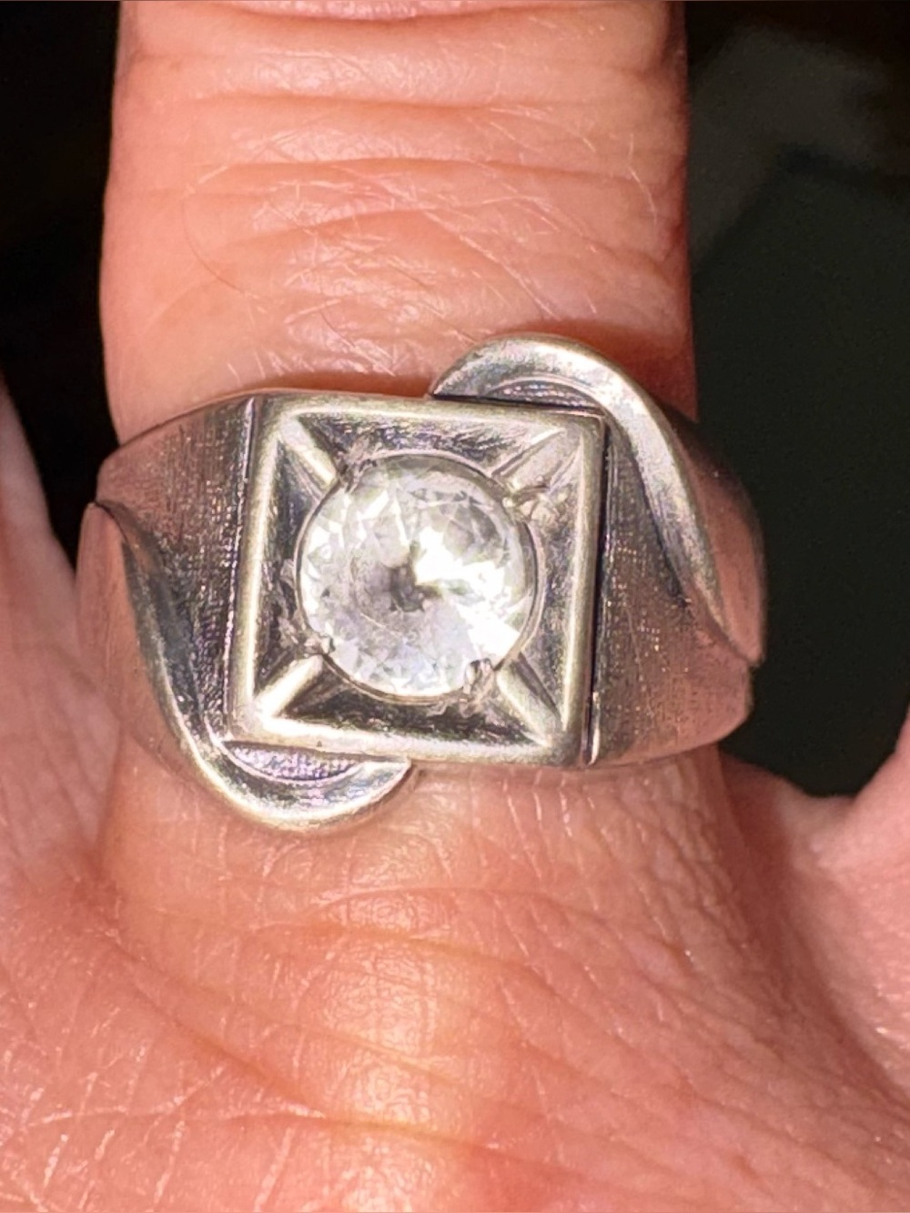 Sterling Silver Clear Stone Mens Ring - Classic Square Bezel Design